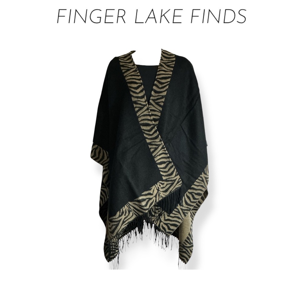 Black Zebra Trim Poncho Ruana Wrap